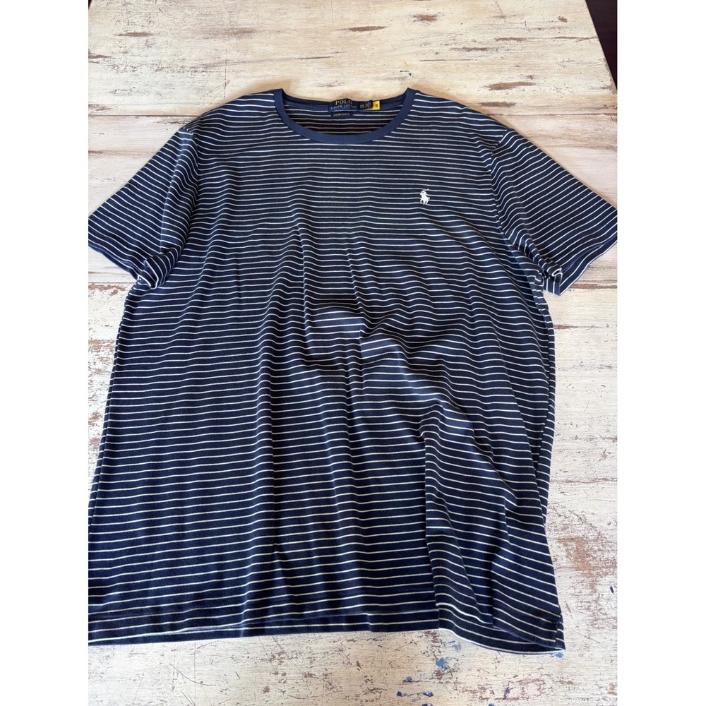 POLO RALPH LAUREN t-shirt mens XXL navy blue striped custom slim fit logo tee